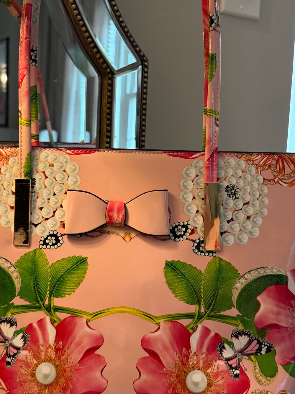 Gorgeous FLORAL Peonies + Pearls Celebration Large Pink Tote satchel Bag w BOW - Picture 2 of 13